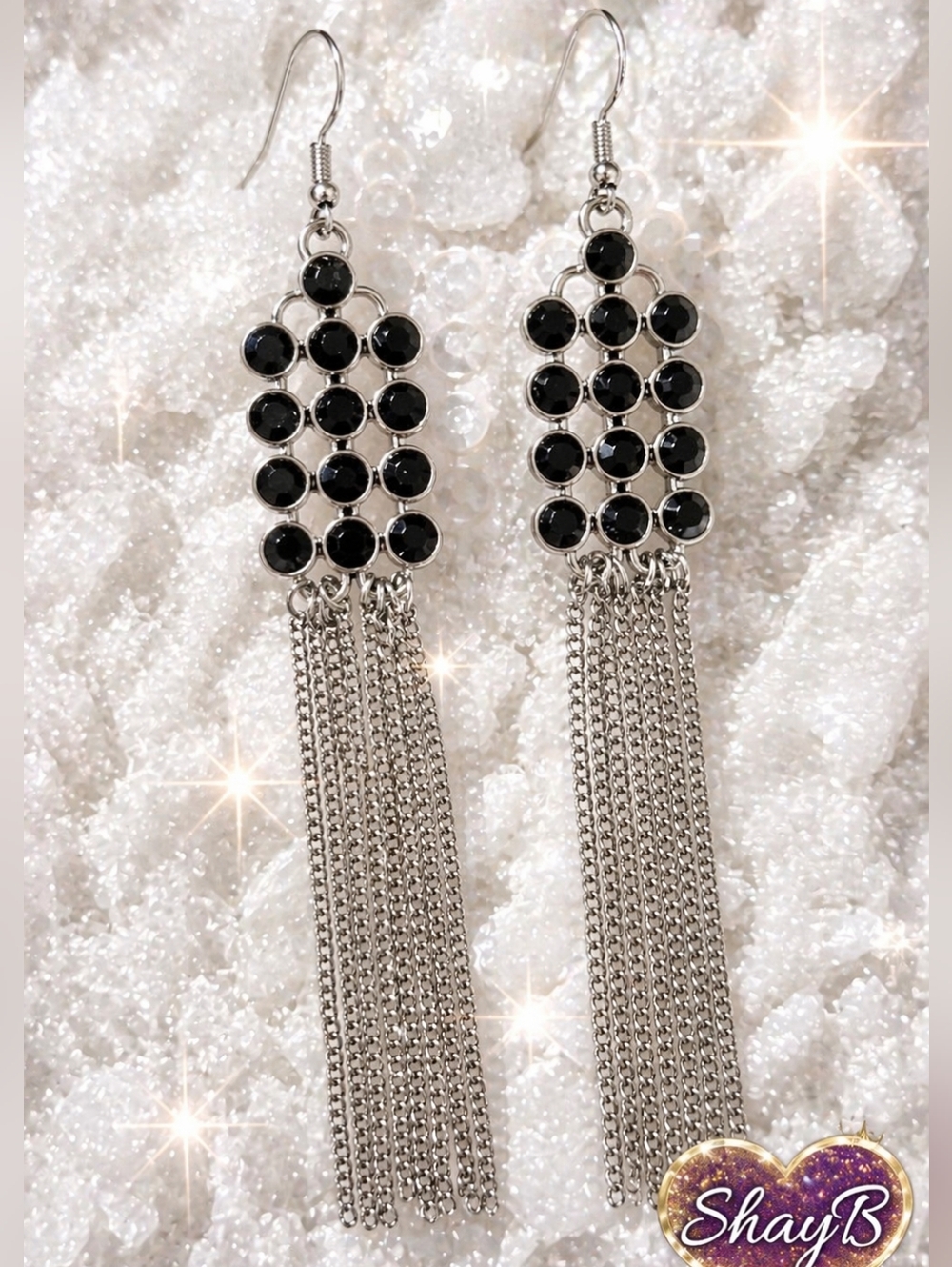 Black Crystal Tassel Drop Earrings - Silver Tone